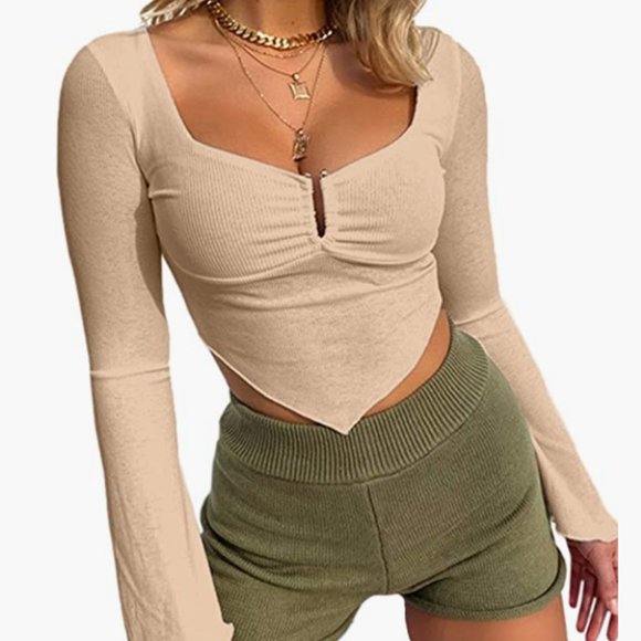 Long Sleeve Knit Ribbed CropTop Ruched Front Square Neck Asymmetrical Hem Tee XL - Picture 1 of 10